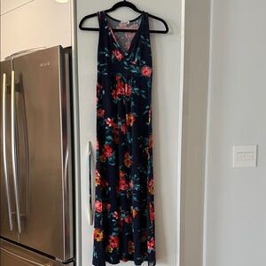Loveappella Navy Maxi Dress with Red and Teal Floral Print